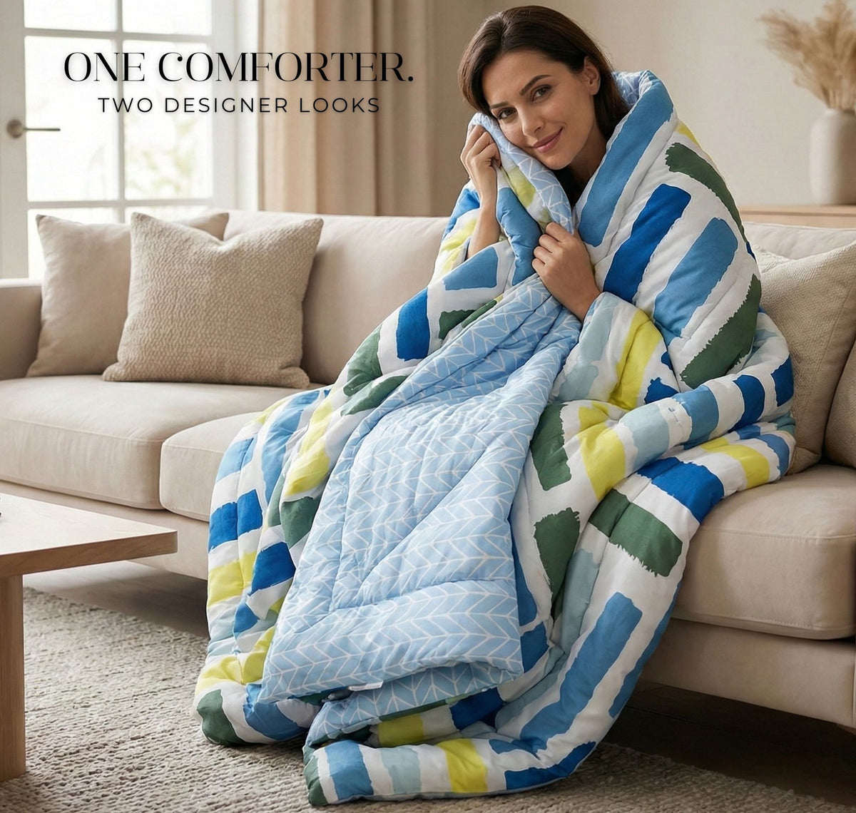 Floral Reversible Comforter Double Bed White Blue