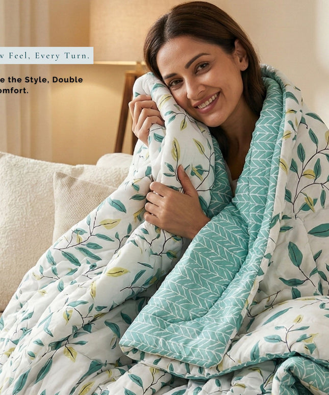 Floral Reversible Comforter Double Bed Ivory Green