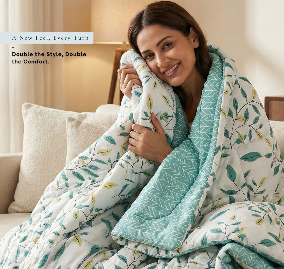 Floral Reversible Comforter Double Bed Ivory Green