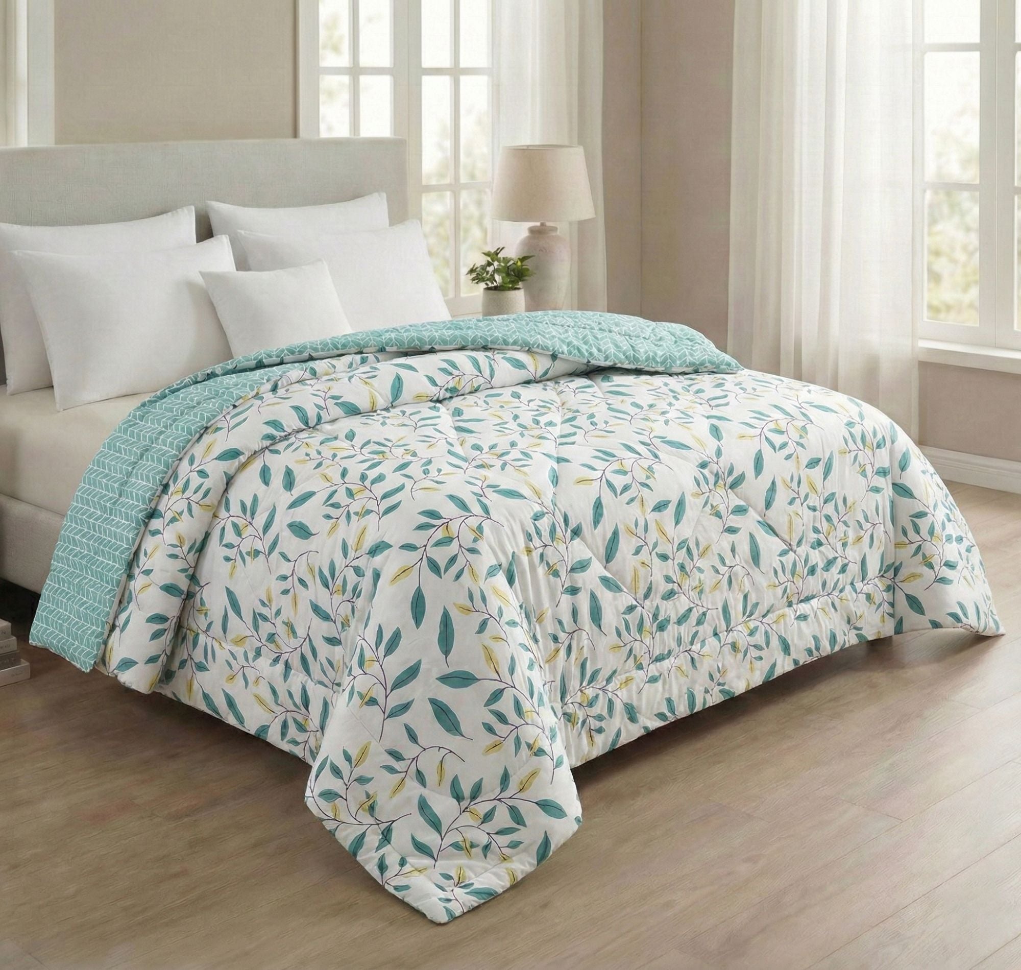 Floral Reversible Comforter Double Bed Ivory Green
