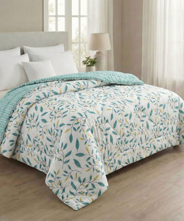 Floral Reversible Comforter Double Bed Ivory Green