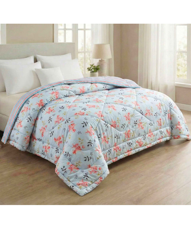 Floral Reversible Comforter Double Bed Light Blue Pink