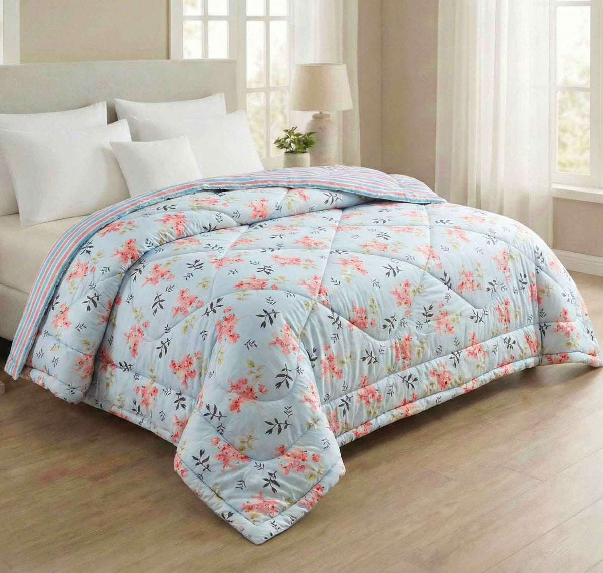 Floral Reversible Comforter Double Bed Light Blue Pink