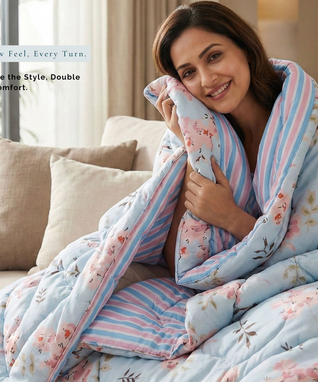 Floral Reversible Comforter Double Bed Light Blue Pink