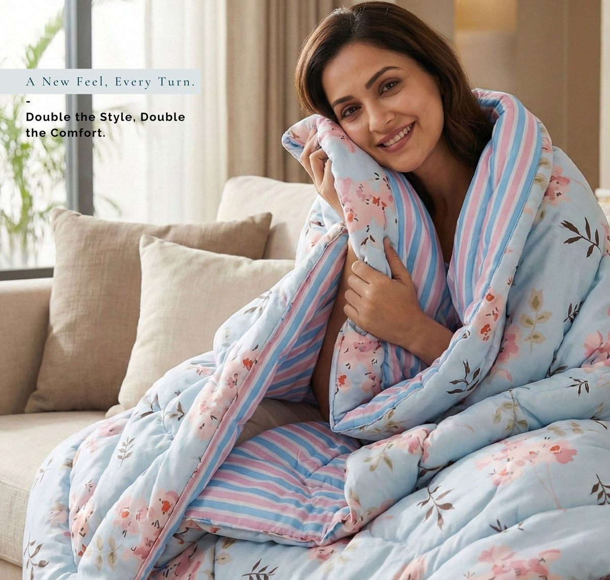 Floral Reversible Comforter Double Bed Light Blue Pink