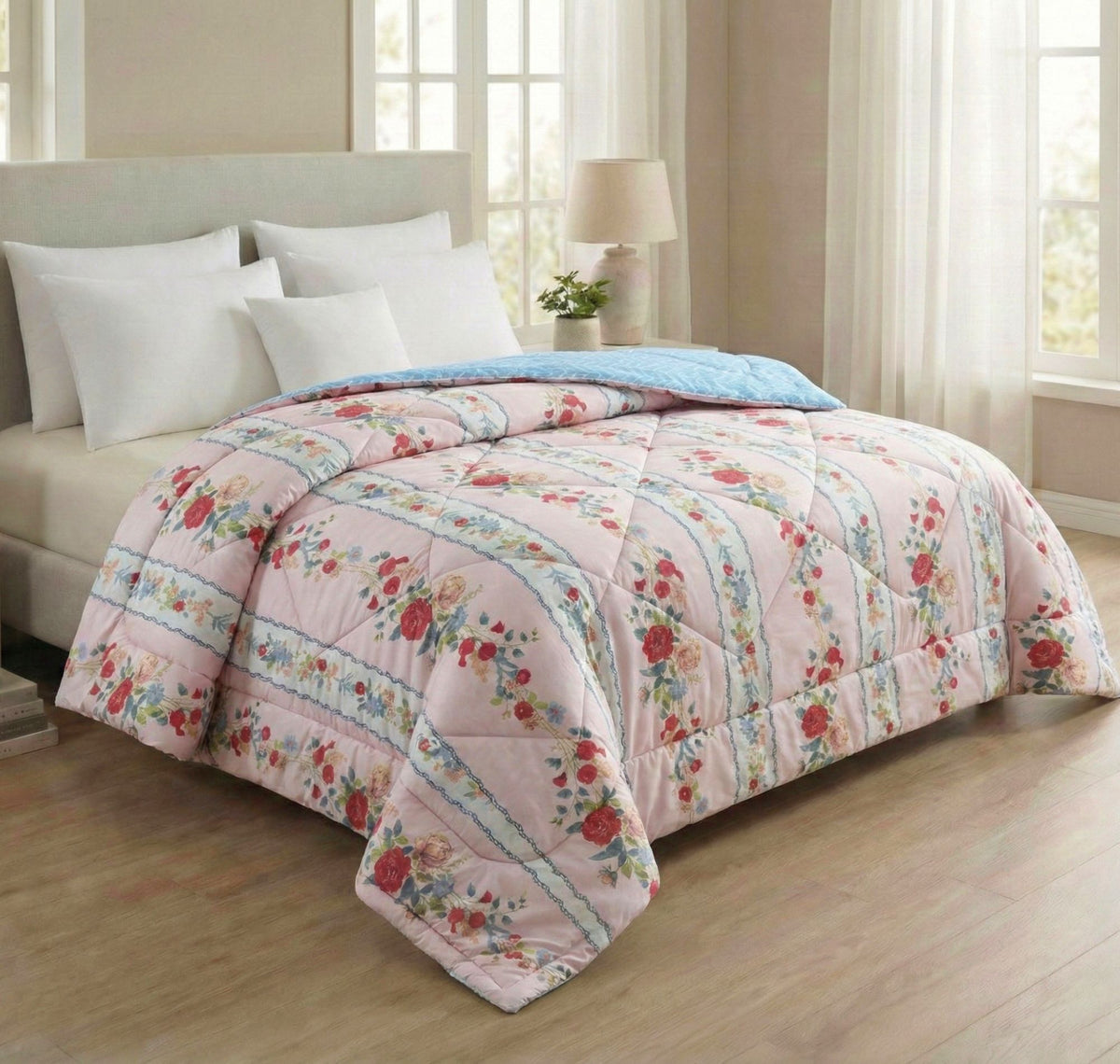 Floral Reversible Comforter Double Bed Baby Pink