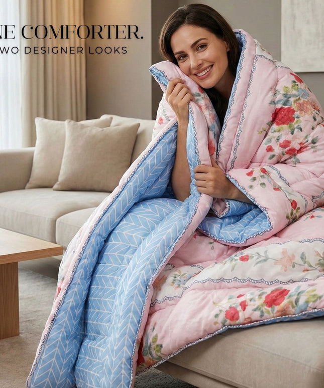 Floral Reversible Comforter Double Bed Baby Pink
