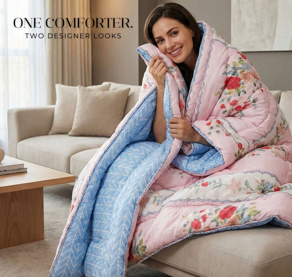 Floral Reversible Comforter Double Bed Baby Pink
