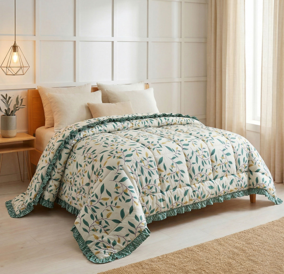 Frillo Comforter Double Bed Frill Ivory Green