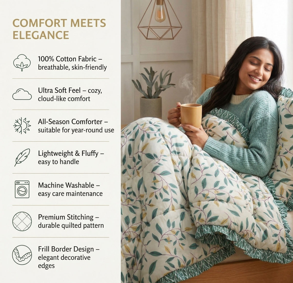 Frillo Comforter Double Bed Frill Ivory Green