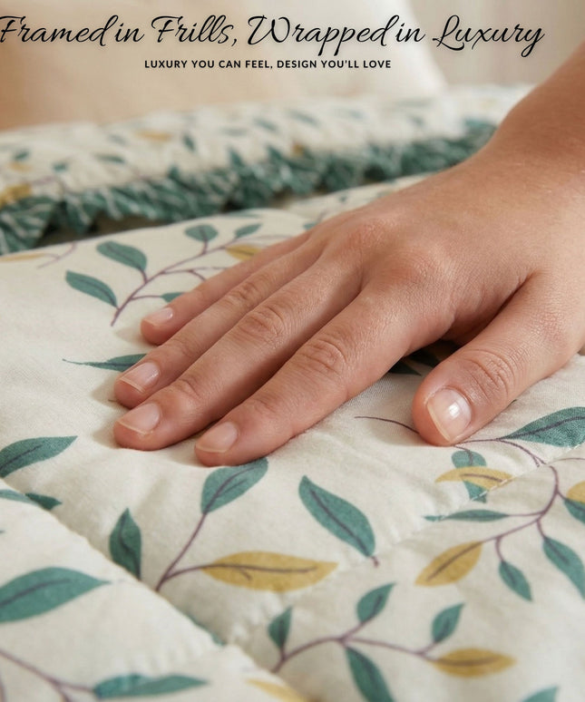 Frillo Comforter Double Bed Frill Ivory Green