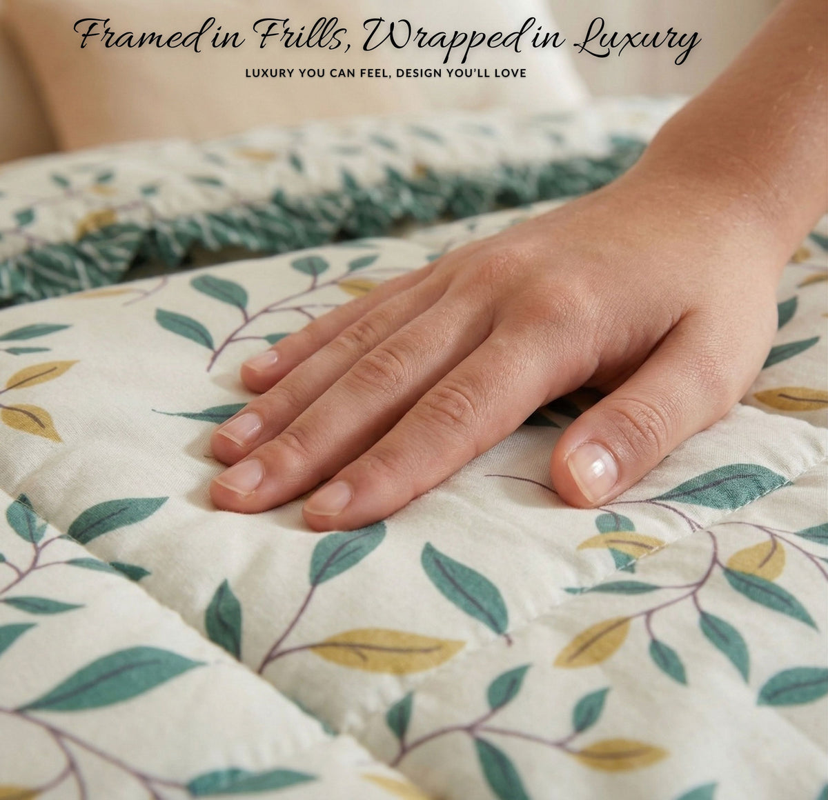 Frillo Comforter Double Bed Frill Ivory Green