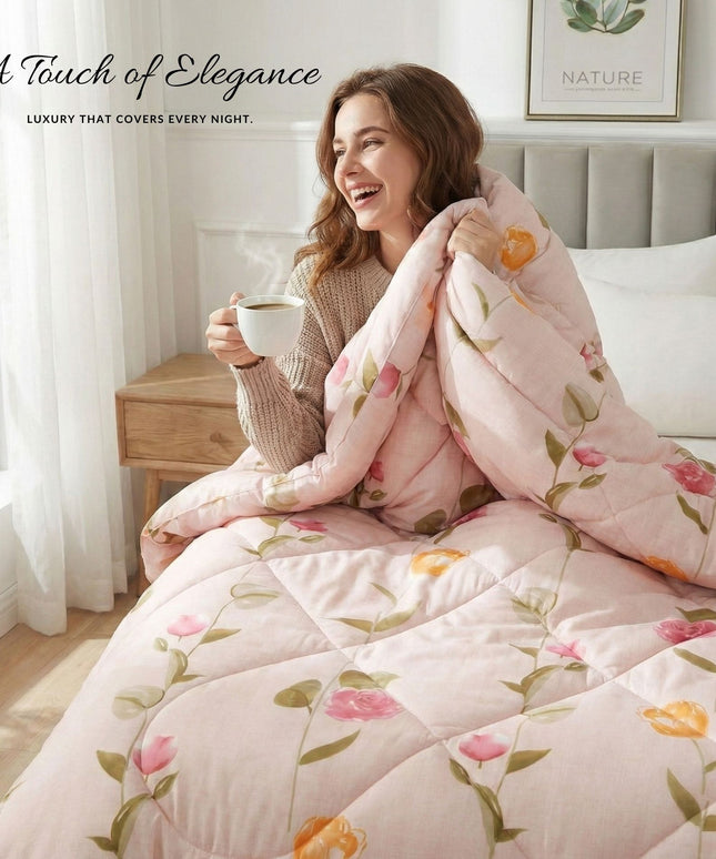 Floral Reversible Comforter Double Bed Light Pink Yellow
