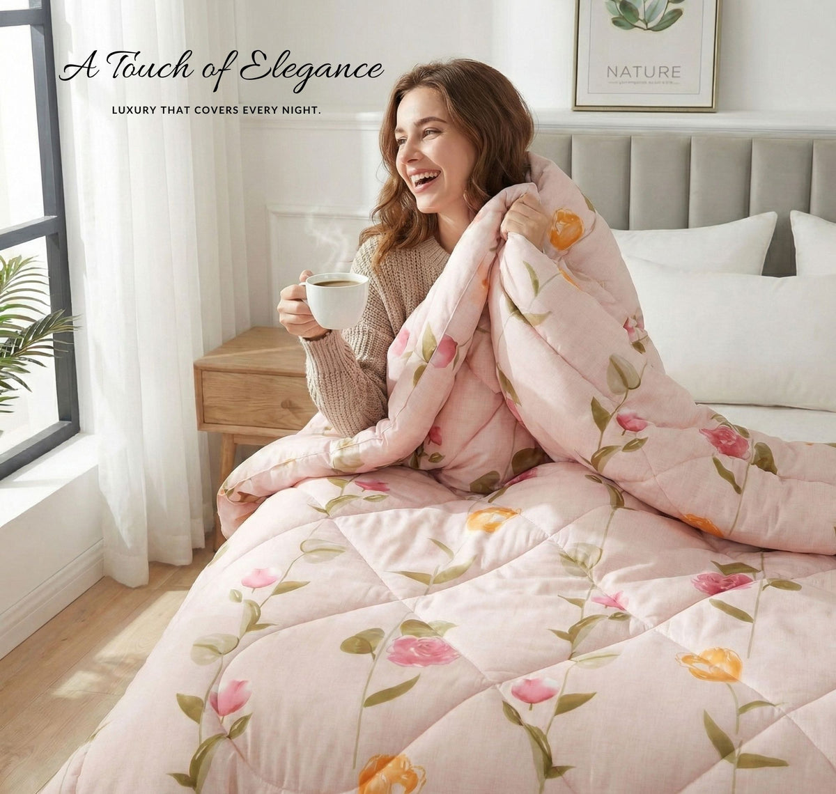 Floral Reversible Comforter Double Bed Light Pink Yellow