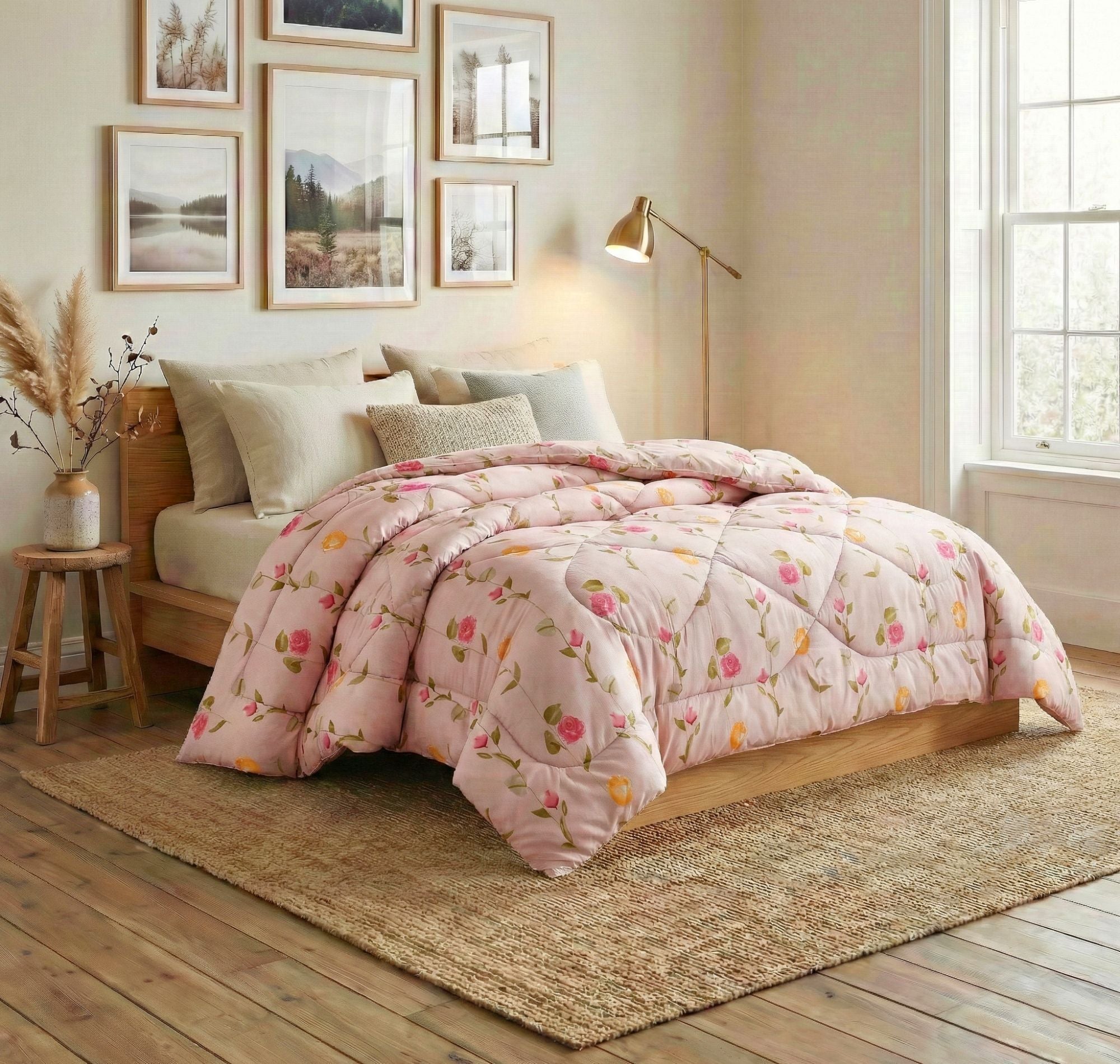 Floral Reversible Comforter Double Bed Light Pink Yellow