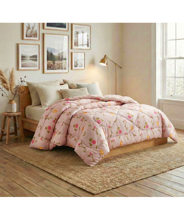 Floral Reversible Comforter Double Bed Light Pink Yellow