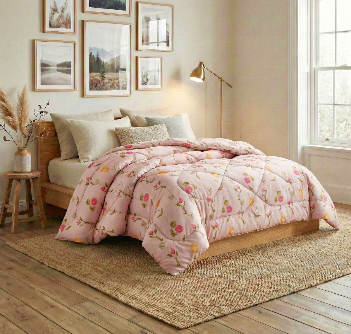 Floral Reversible Comforter Double Bed Light Pink Yellow