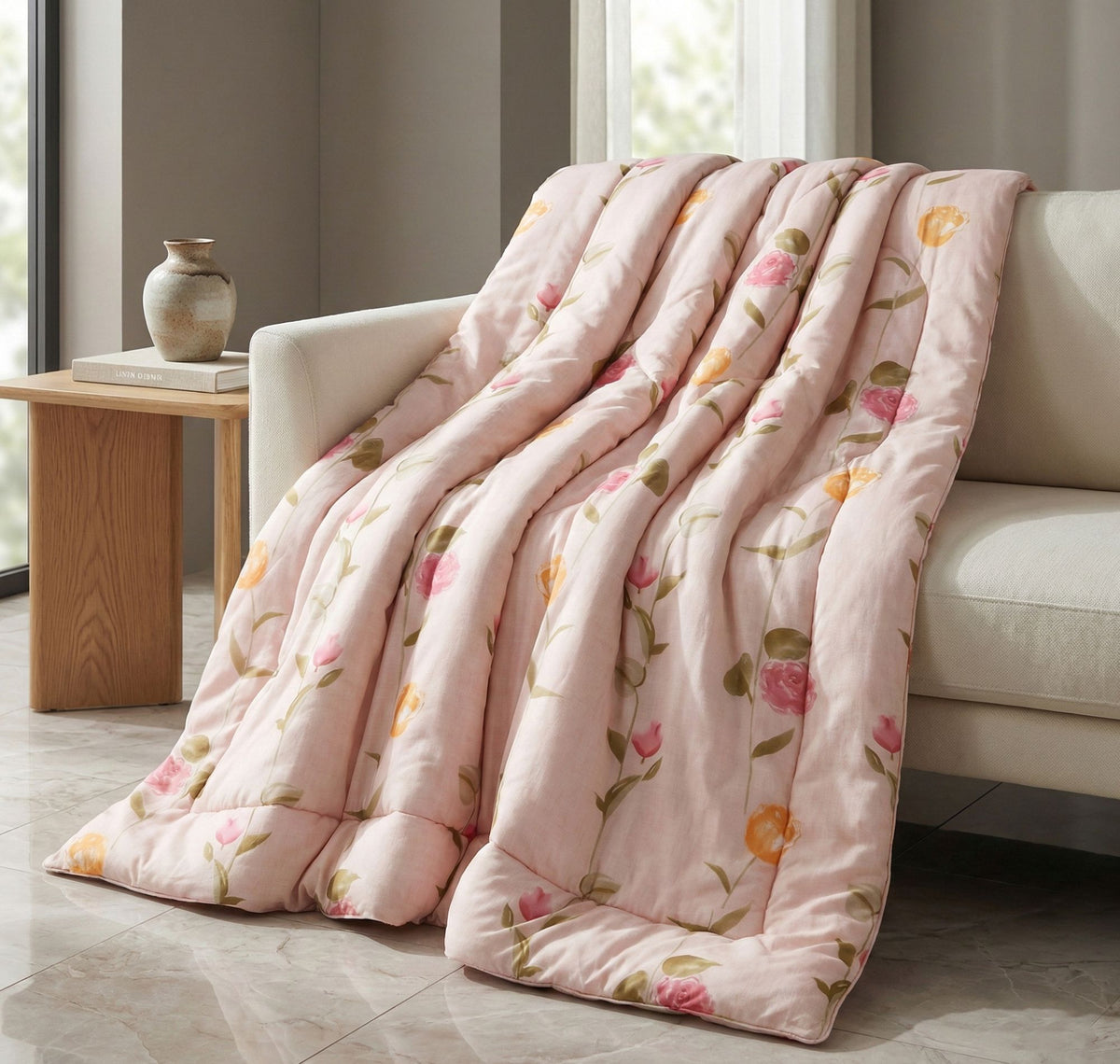 Floral Reversible Comforter Double Bed Light Pink Yellow