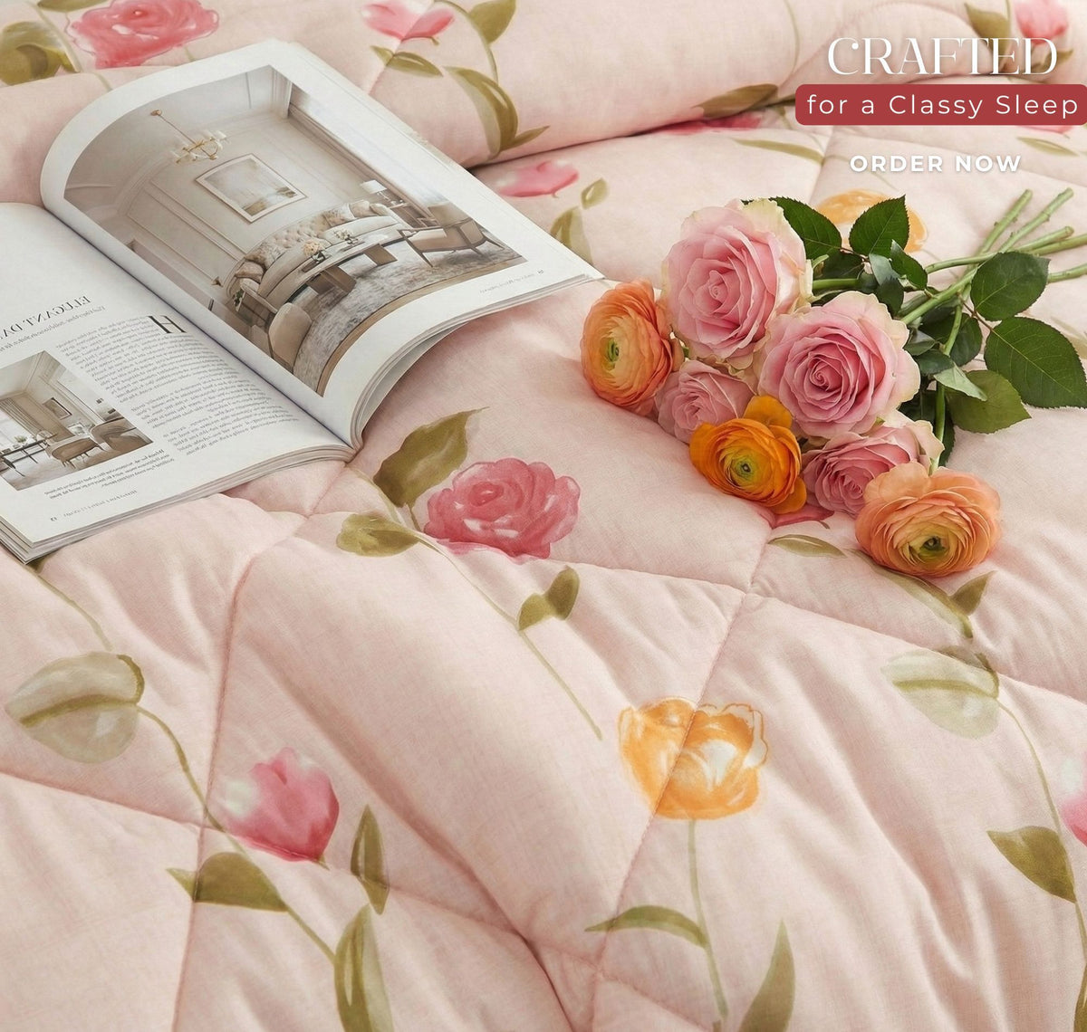 Floral Reversible Comforter Double Bed Light Pink Yellow