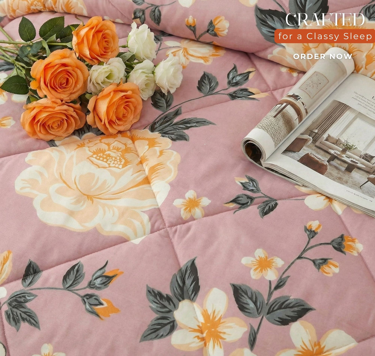 Floral Reversible Comforter Double Bed Pink White