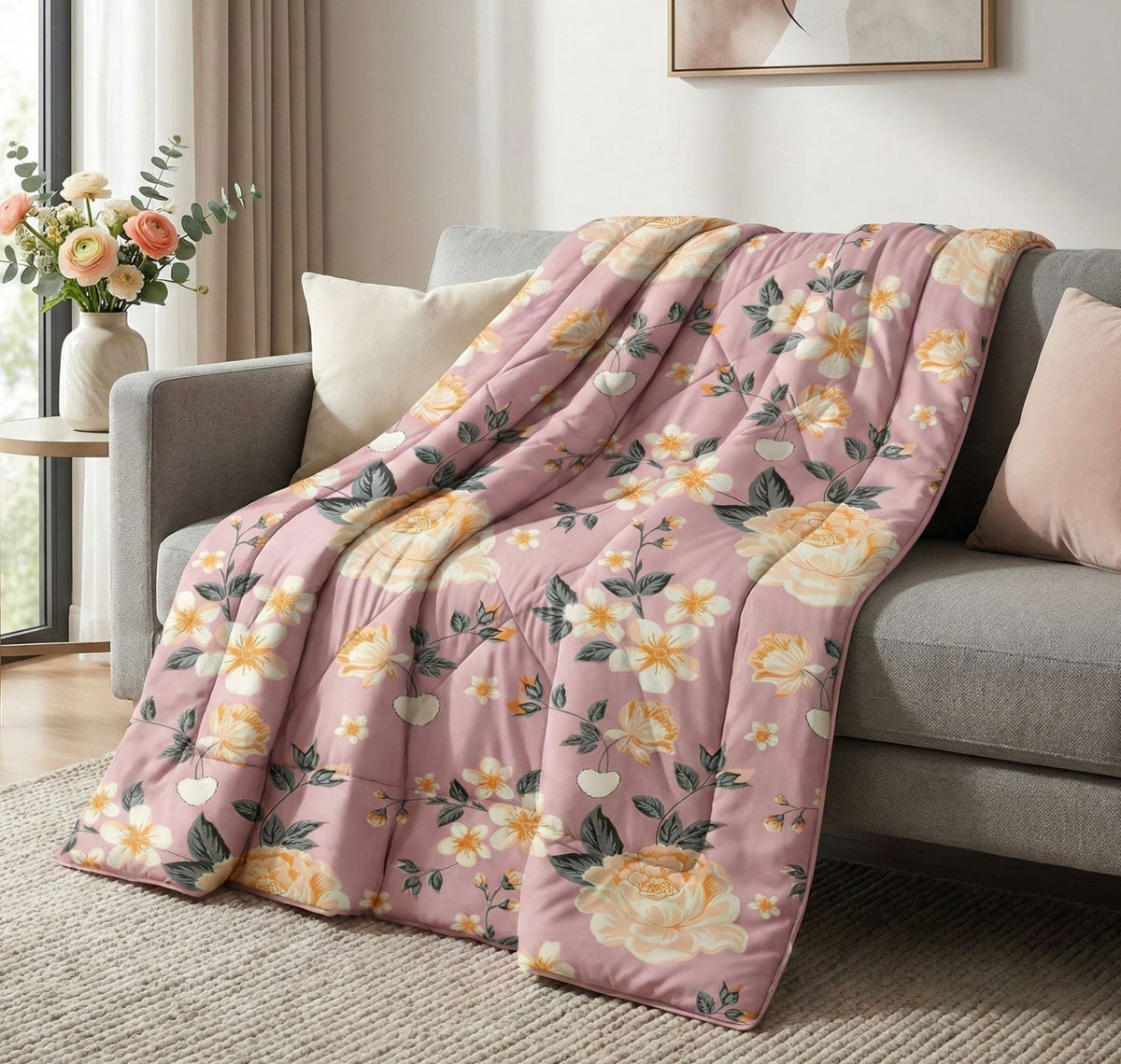 Floral Reversible Comforter Double Bed Pink White
