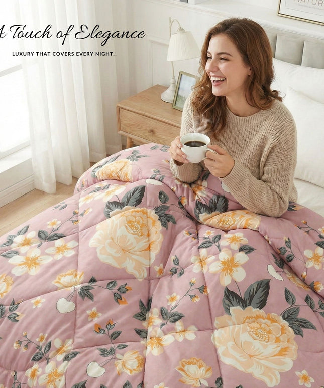 Floral Reversible Comforter Double Bed Pink White