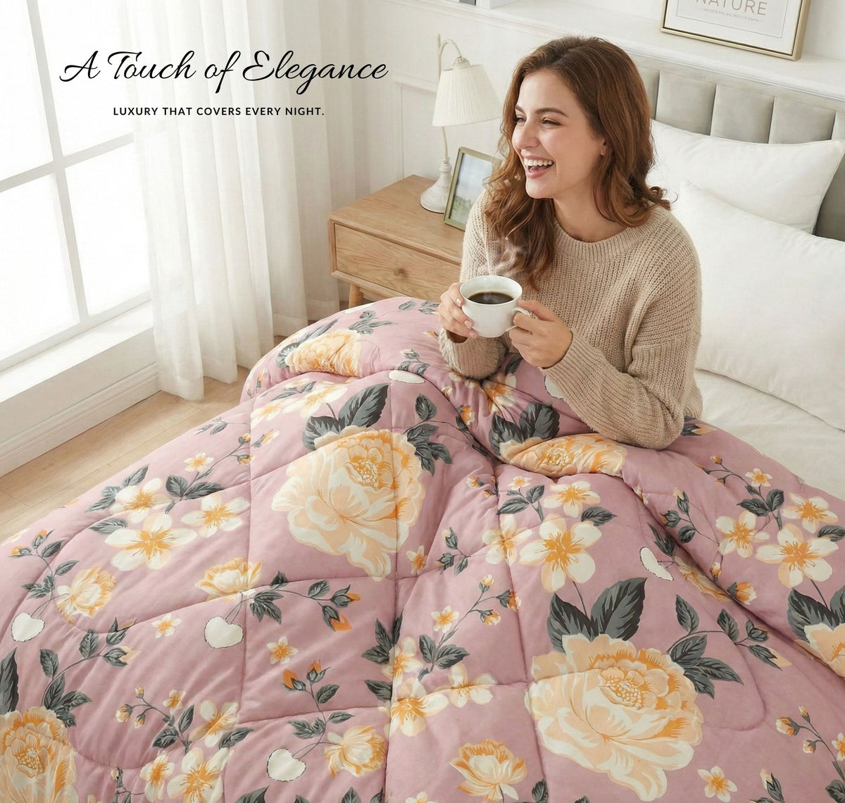 Floral Reversible Comforter Double Bed Pink White