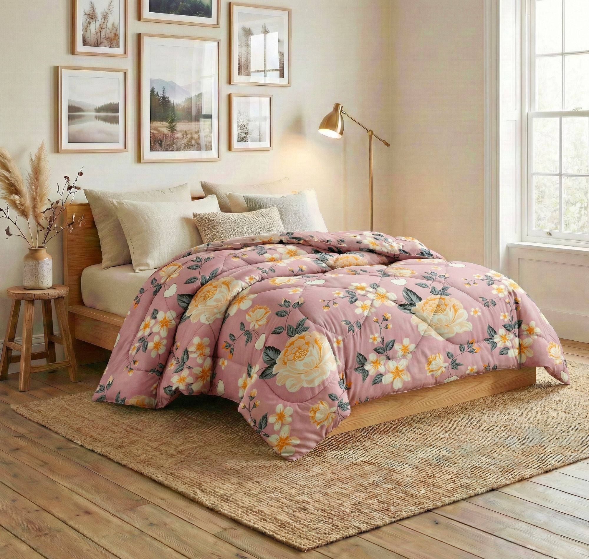 Floral Reversible Comforter Double Bed Pink White