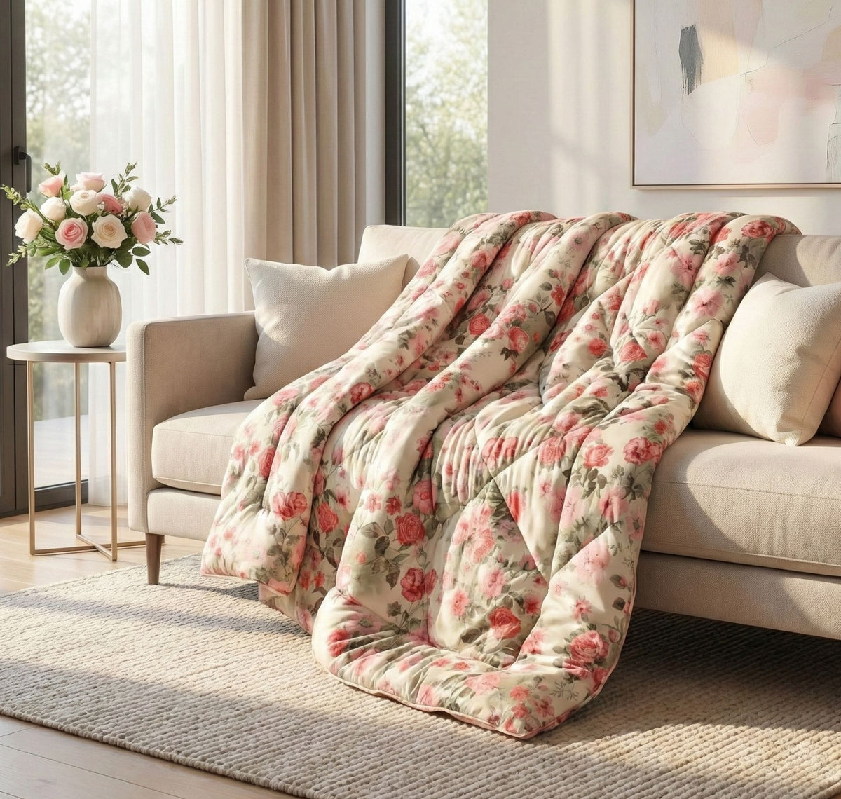 Floral Reversible Comforter Double Bed Off White Pink