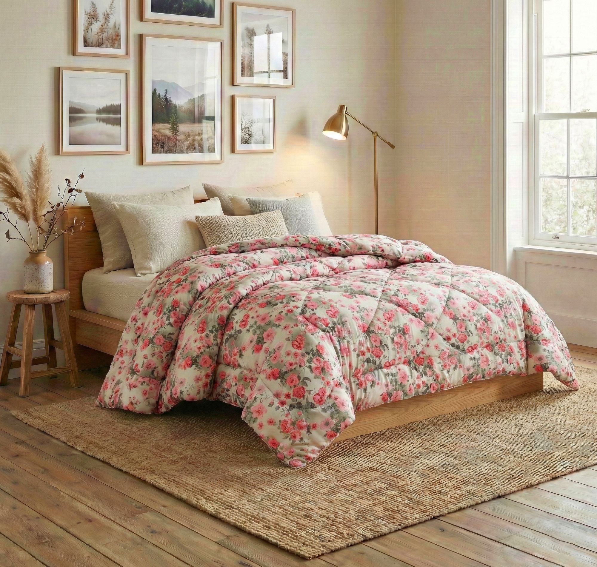 Floral Reversible Comforter Double Bed Off White Pink