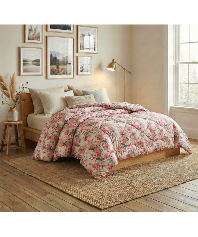 Floral Reversible Comforter Double Bed Off White Pink