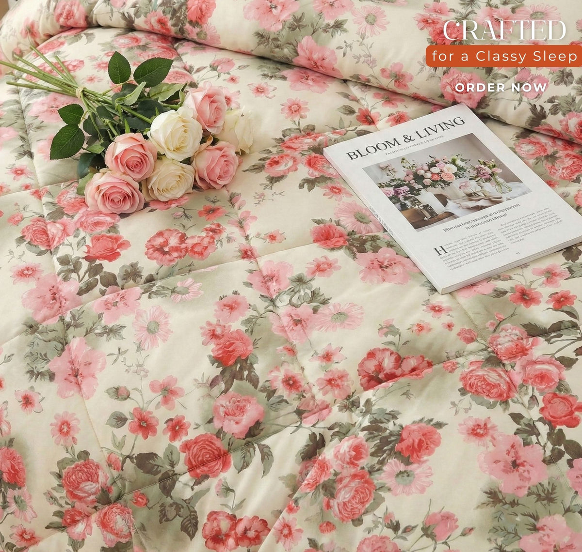 Floral Reversible Comforter Double Bed Off White Pink
