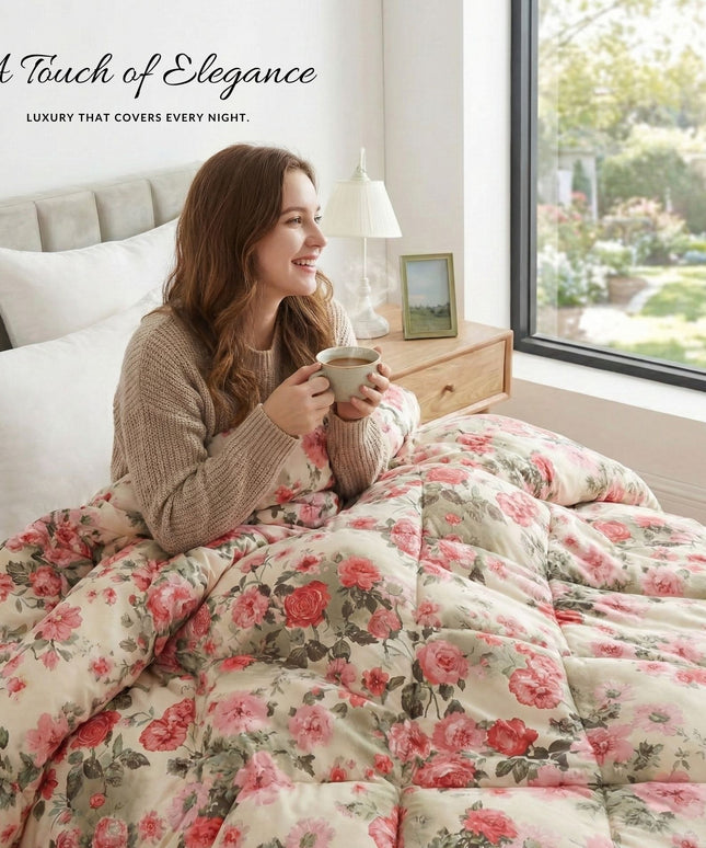Floral Reversible Comforter Double Bed Off White Pink