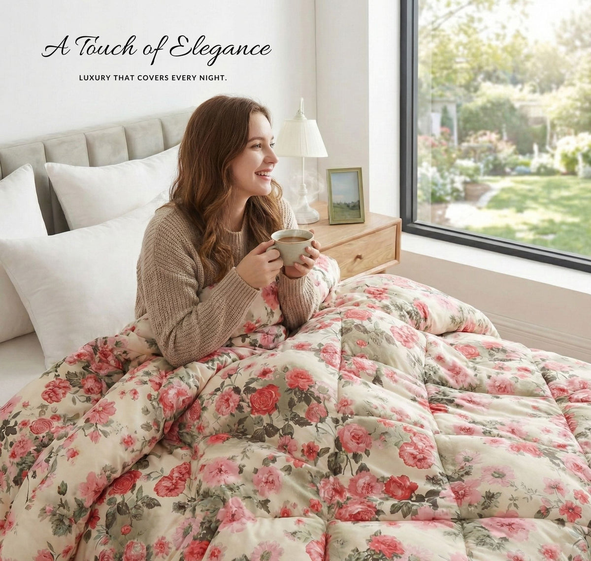 Floral Reversible Comforter Double Bed Off White Pink