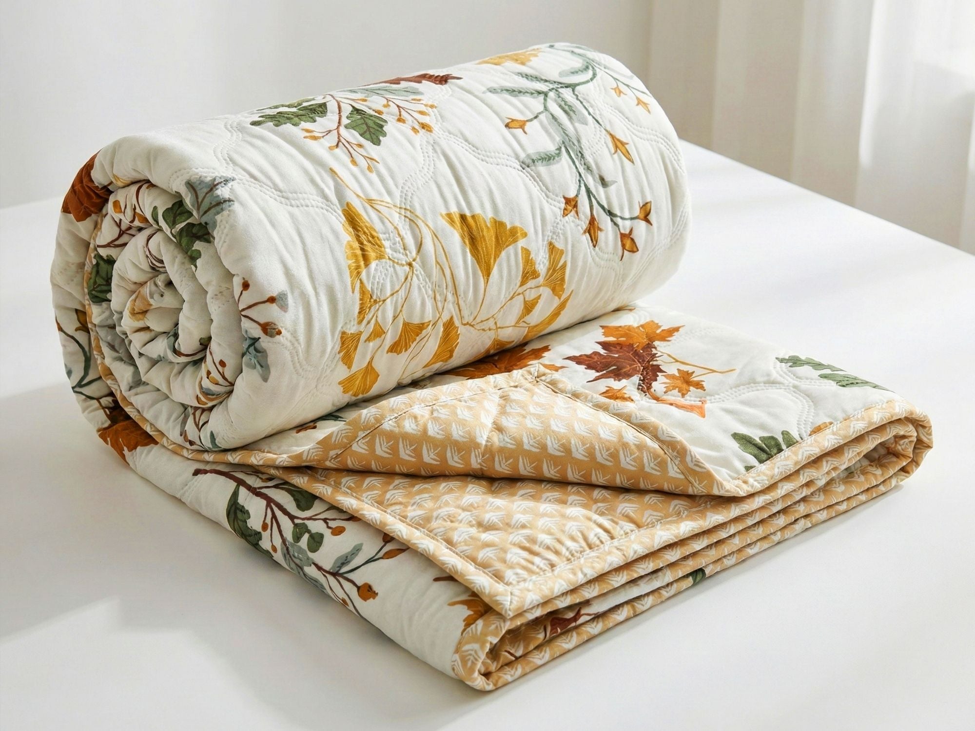 Quilted Reversible Comforter Double Bed Off White Green