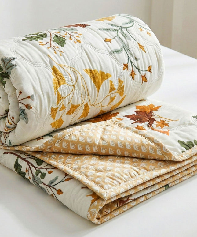Quilted Reversible Comforter Double Bed Off White Green