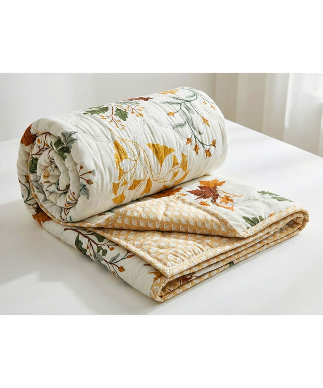 Quilted Reversible Comforter Double Bed Off White Green