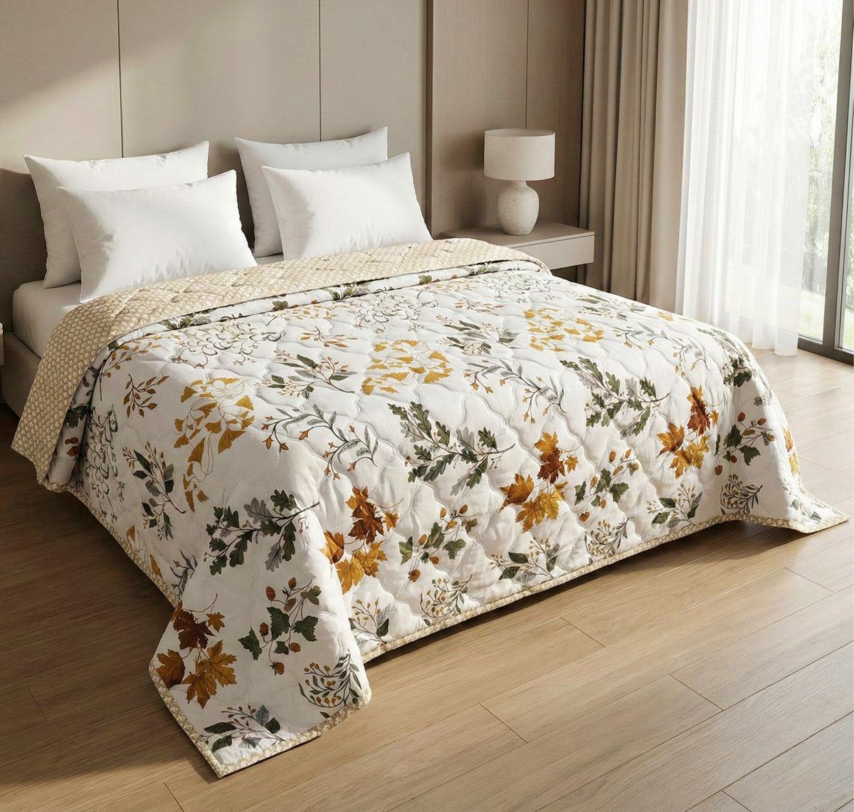 Quilted Reversible Comforter Double Bed Off White Green