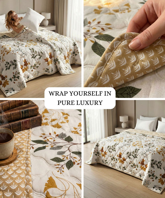Quilted Reversible Comforter Double Bed Off White Green