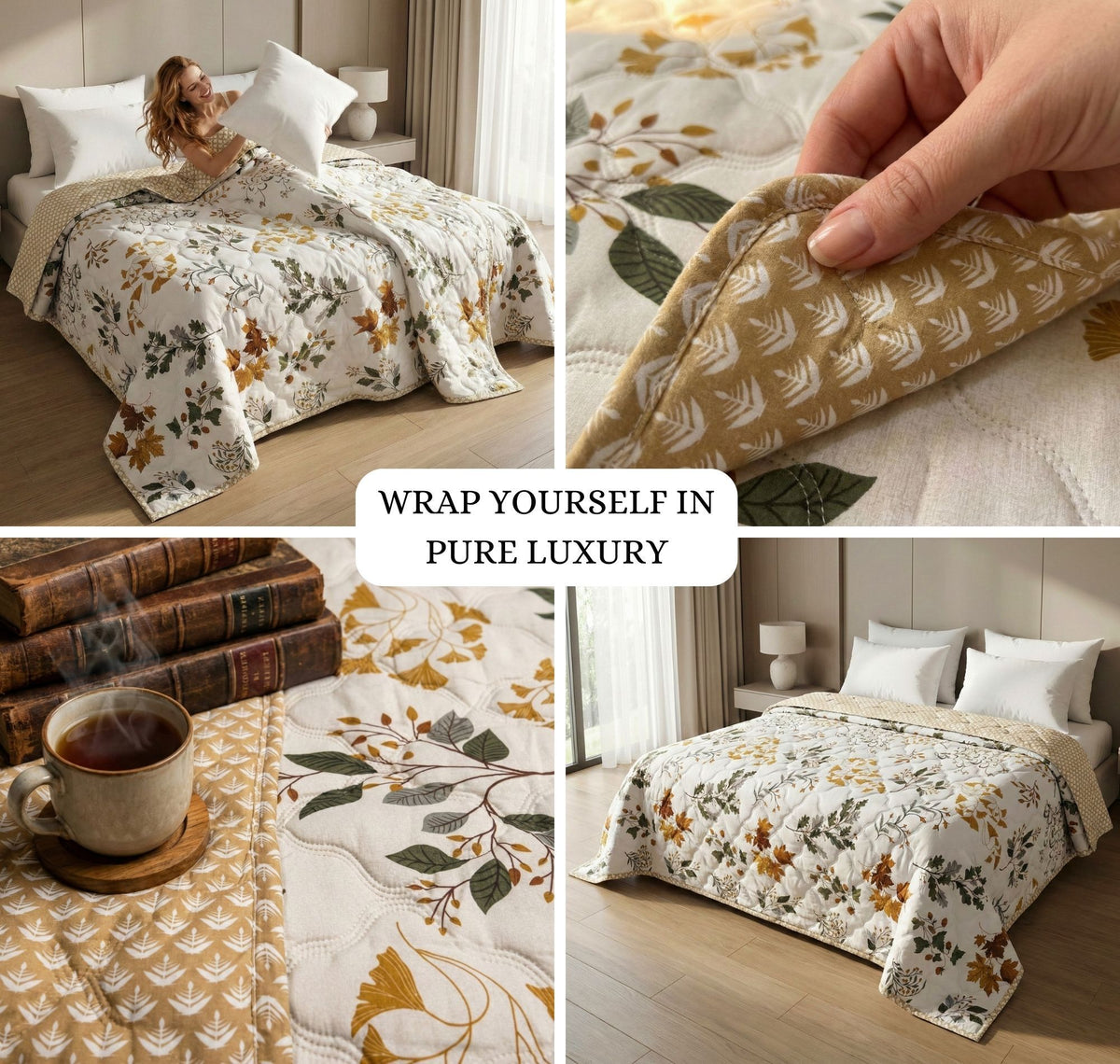 Quilted Reversible Comforter Double Bed Off White Green