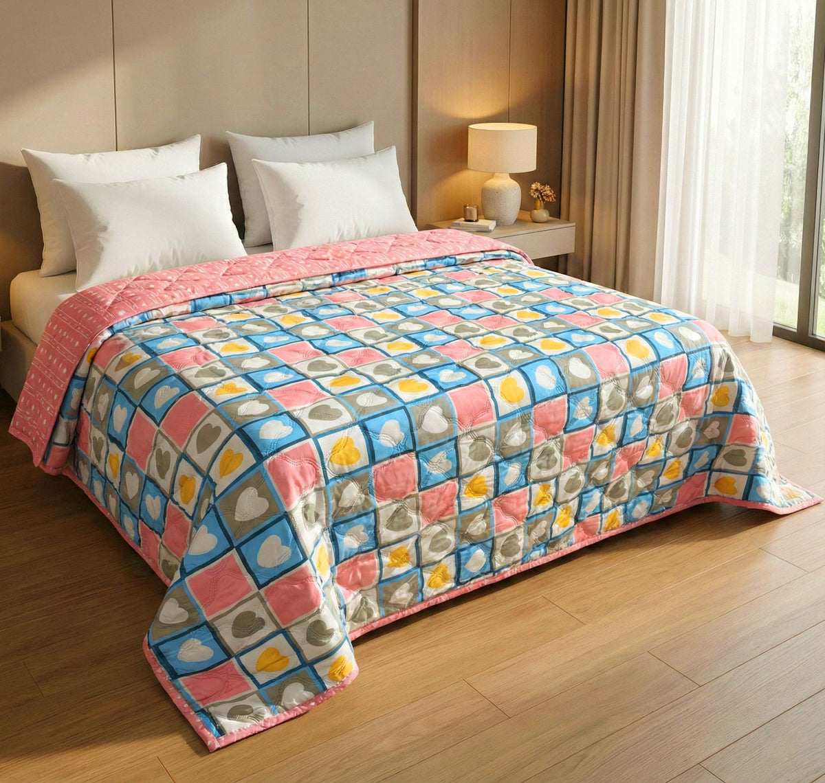 Quilted Reversible Comforter Double Bed Pink Blue