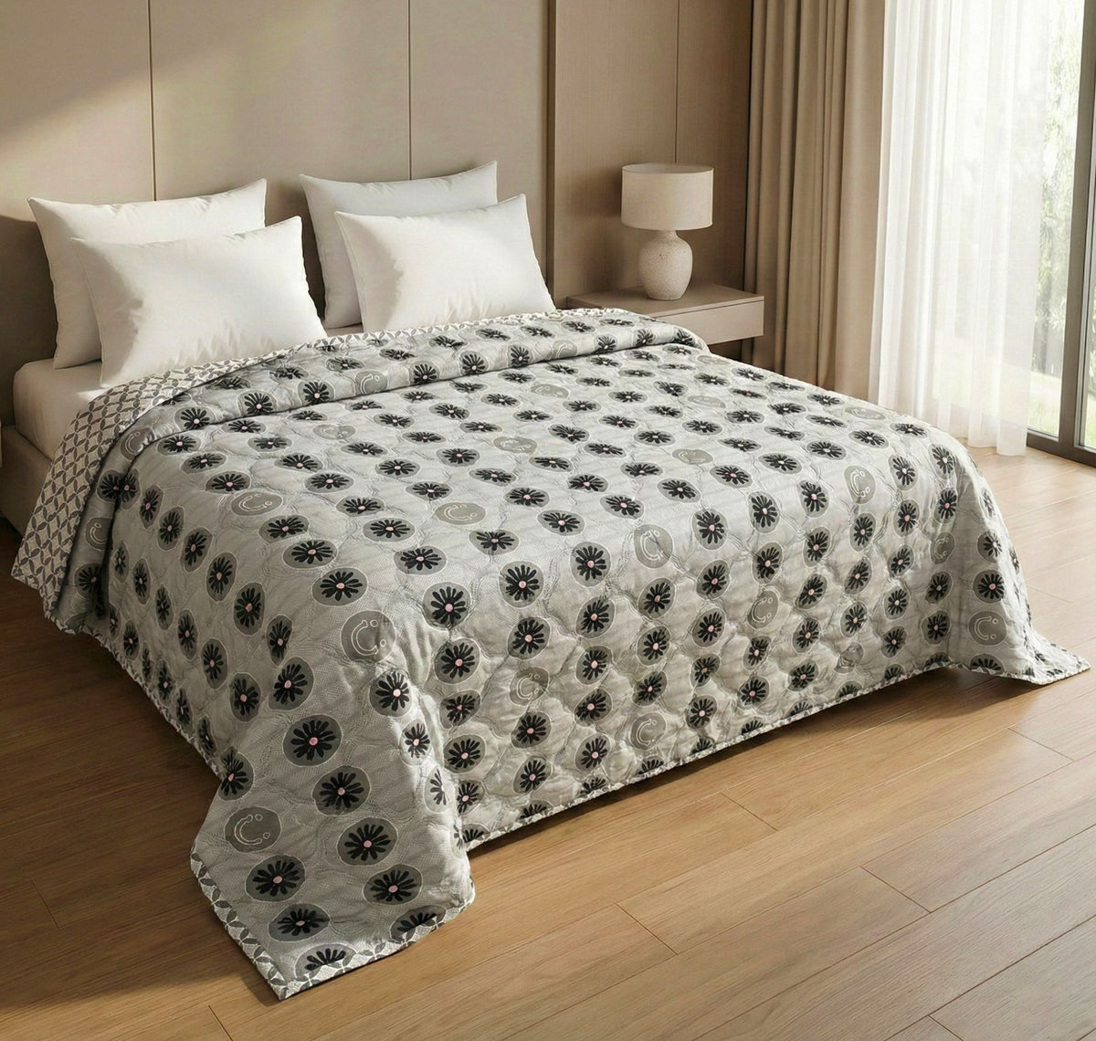 Quilted Reversible Comforter Double Bed Black Grey