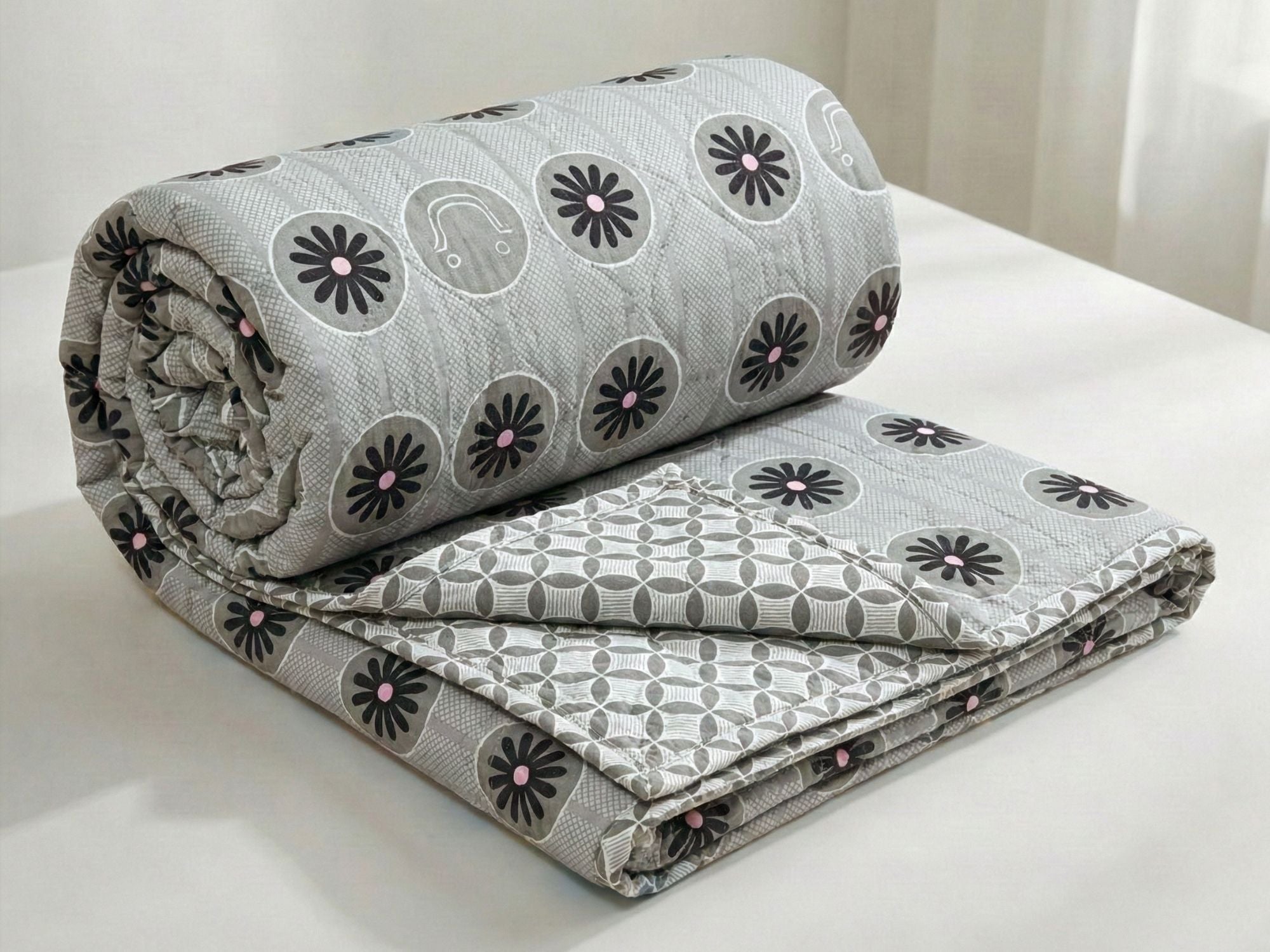 Quilted Reversible Comforter Double Bed Black Grey