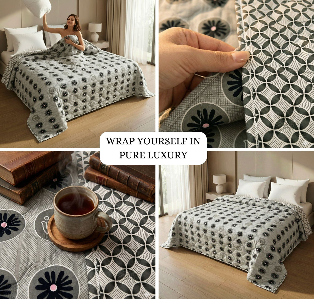 Quilted Reversible Comforter Double Bed Black Grey