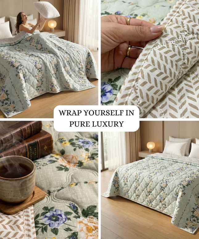 Quilted Reversible Comforter Double Bed Light Green Green