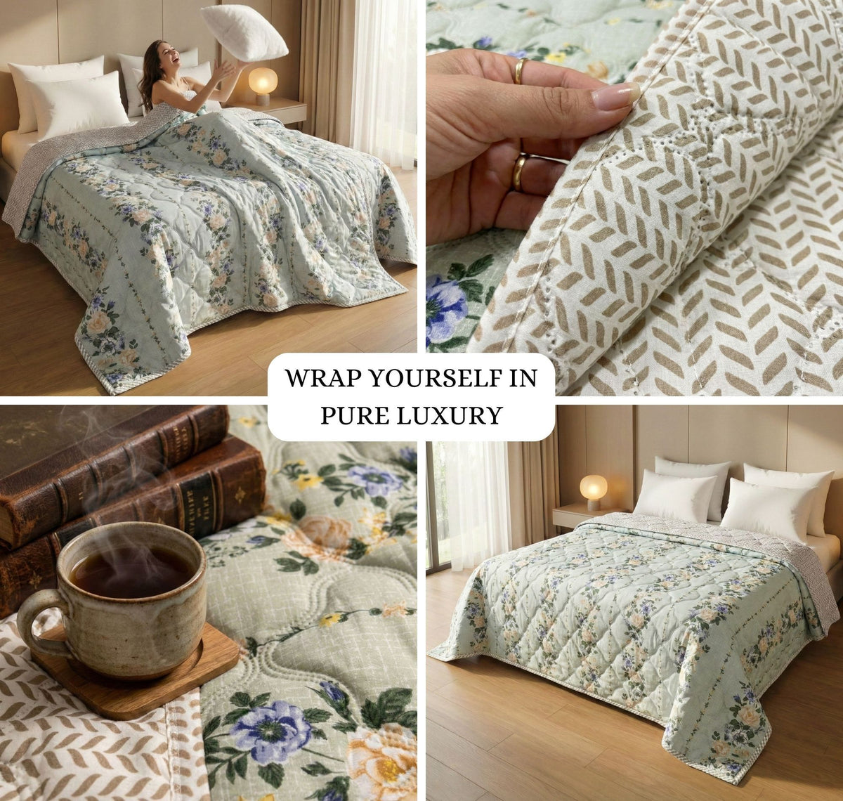 Quilted Reversible Comforter Double Bed Light Green Green