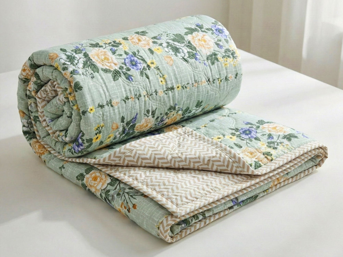 Quilted Reversible Comforter Double Bed Light Green Green
