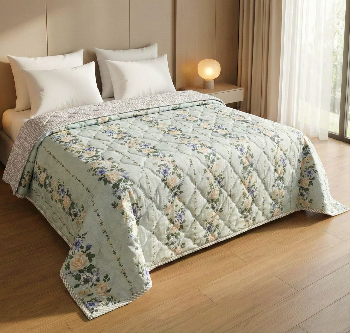 Quilted Reversible Comforter Double Bed Light Green Green