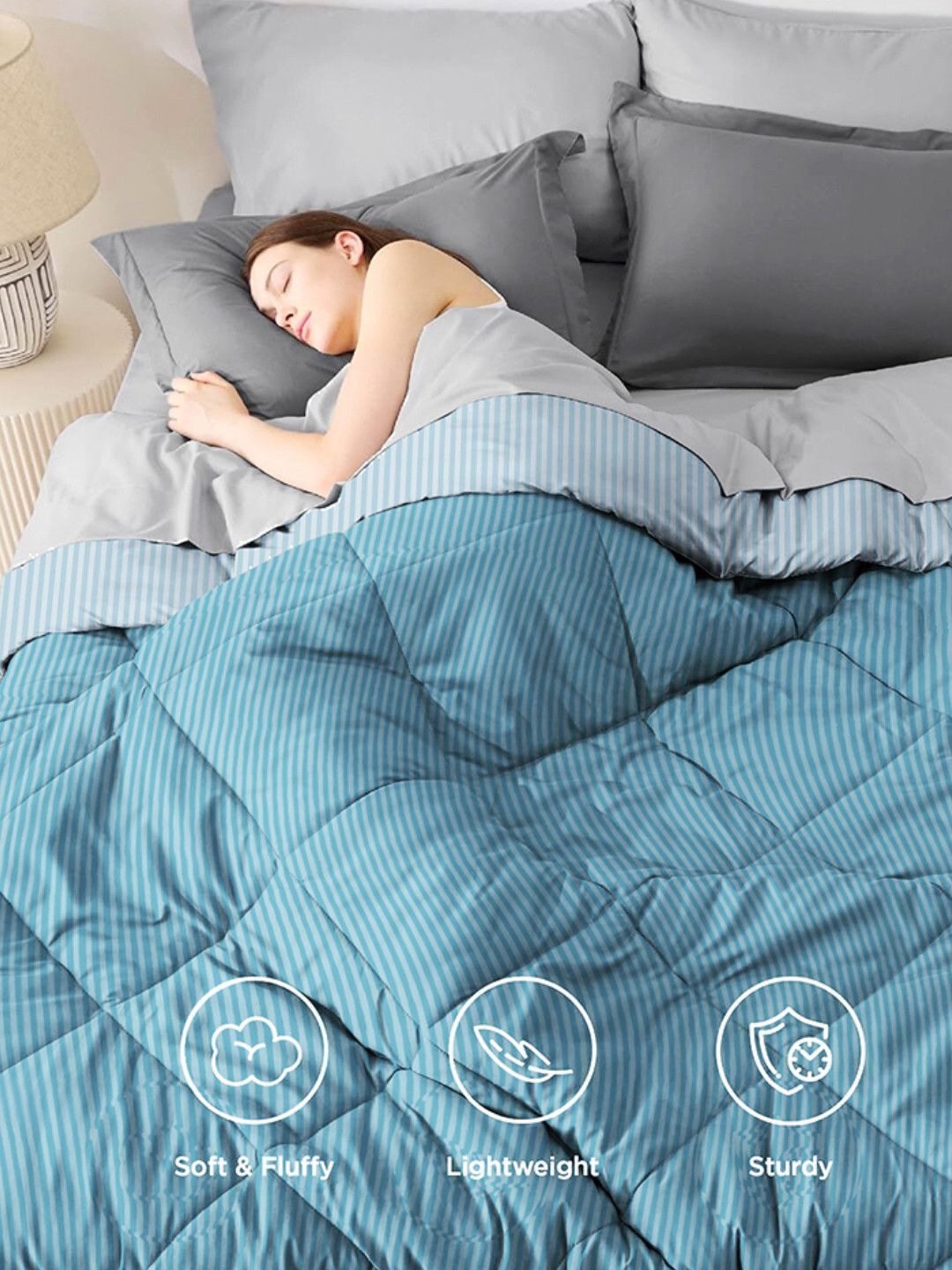 Stripe Reversible Comforter Double Bed Light Blue