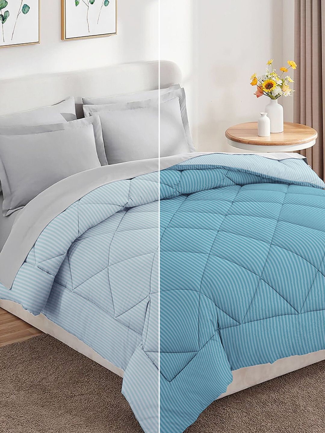 Stripe Reversible Comforter Double Bed Light Blue